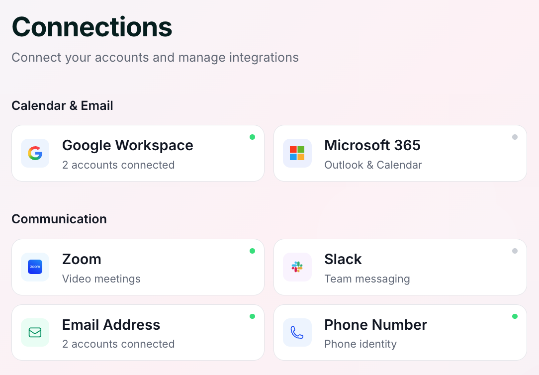 The Connections page in Skej where you can add and manage additional email accounts.