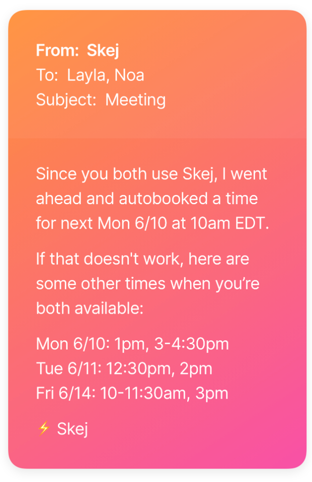 Skej instantly booking a meeting with internal contacts based on everyone's availability.