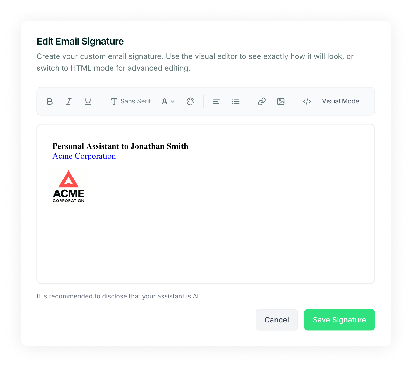 The signature editor interface where you can build a custom email signature for your assistant.