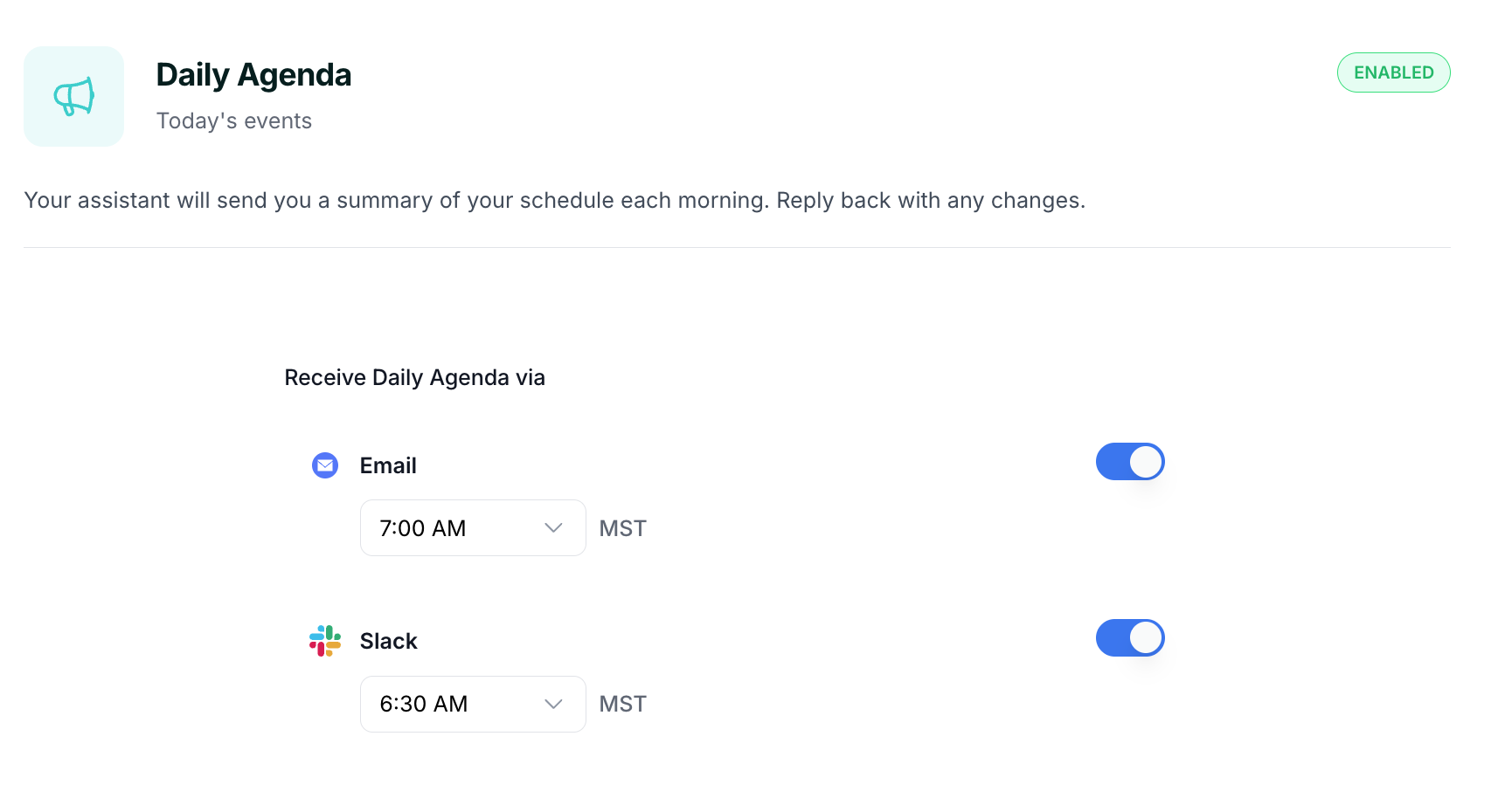 The Notifications settings where you can customize Daily Agenda timing and delivery channels.