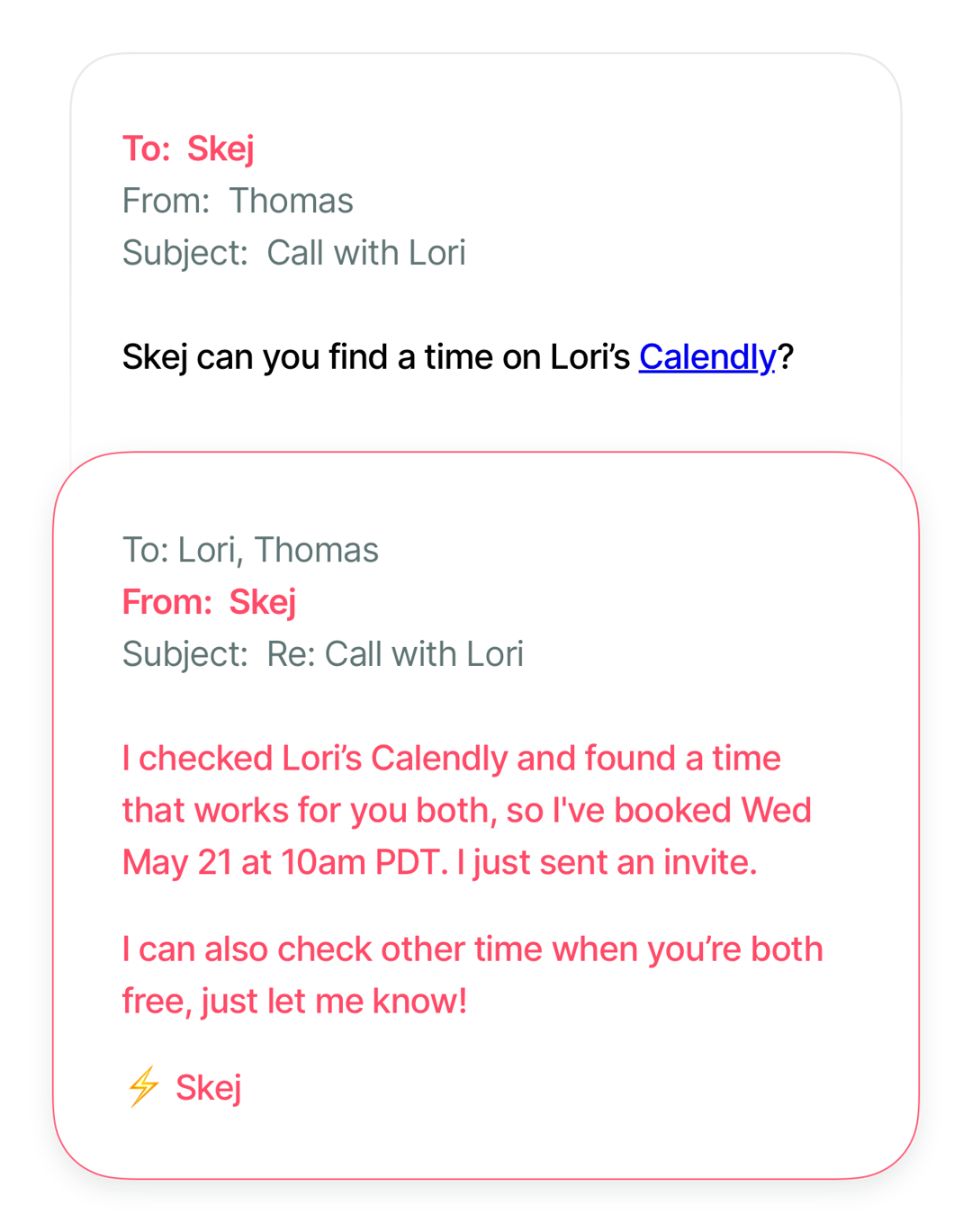An email reply where Skej is asked to check a contact's Calendly link and book a meeting.