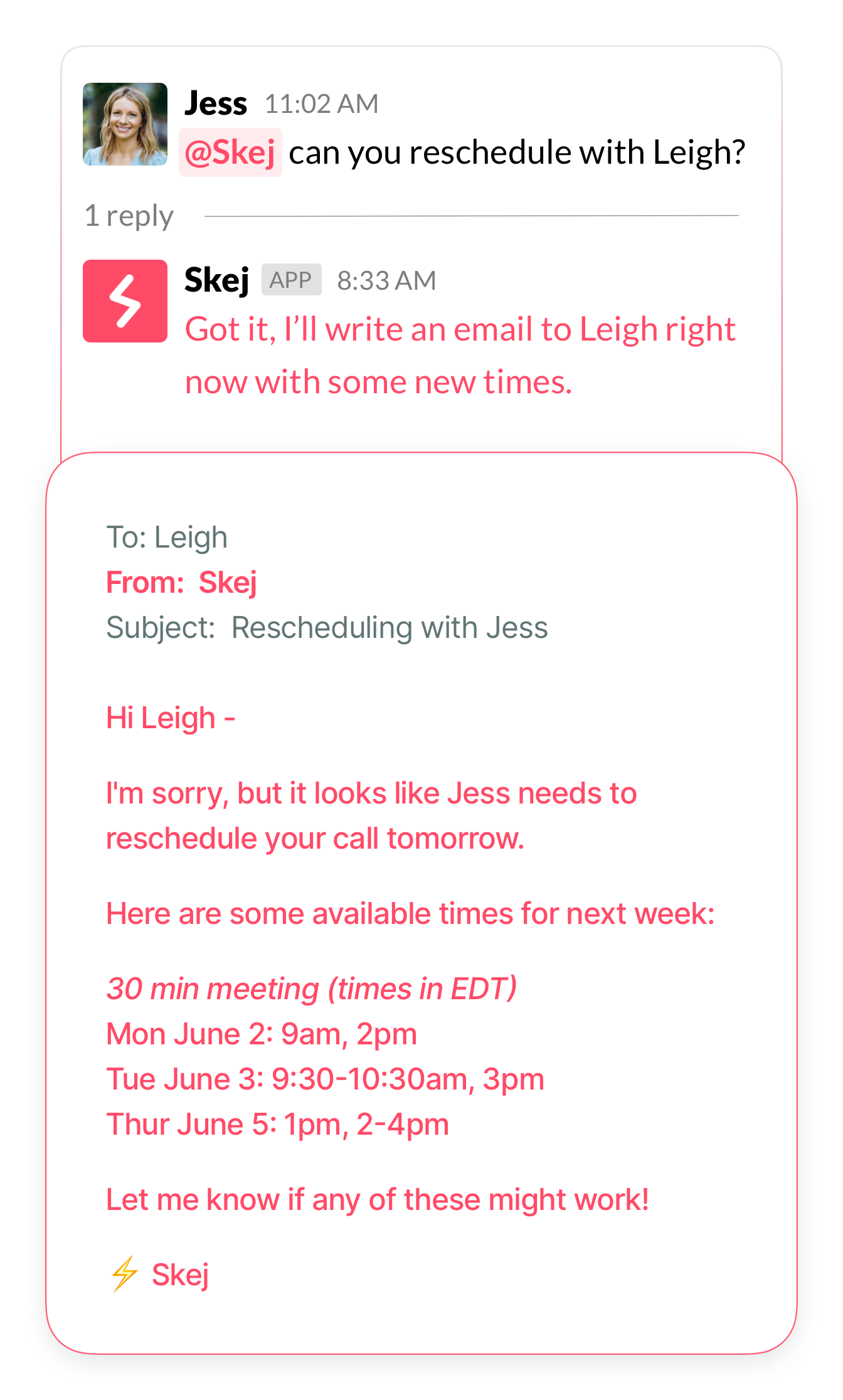 A Slack direct message conversation with Skej showing example scheduling commands.