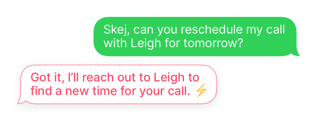 A text message conversation asking Skej to reschedule a meeting.