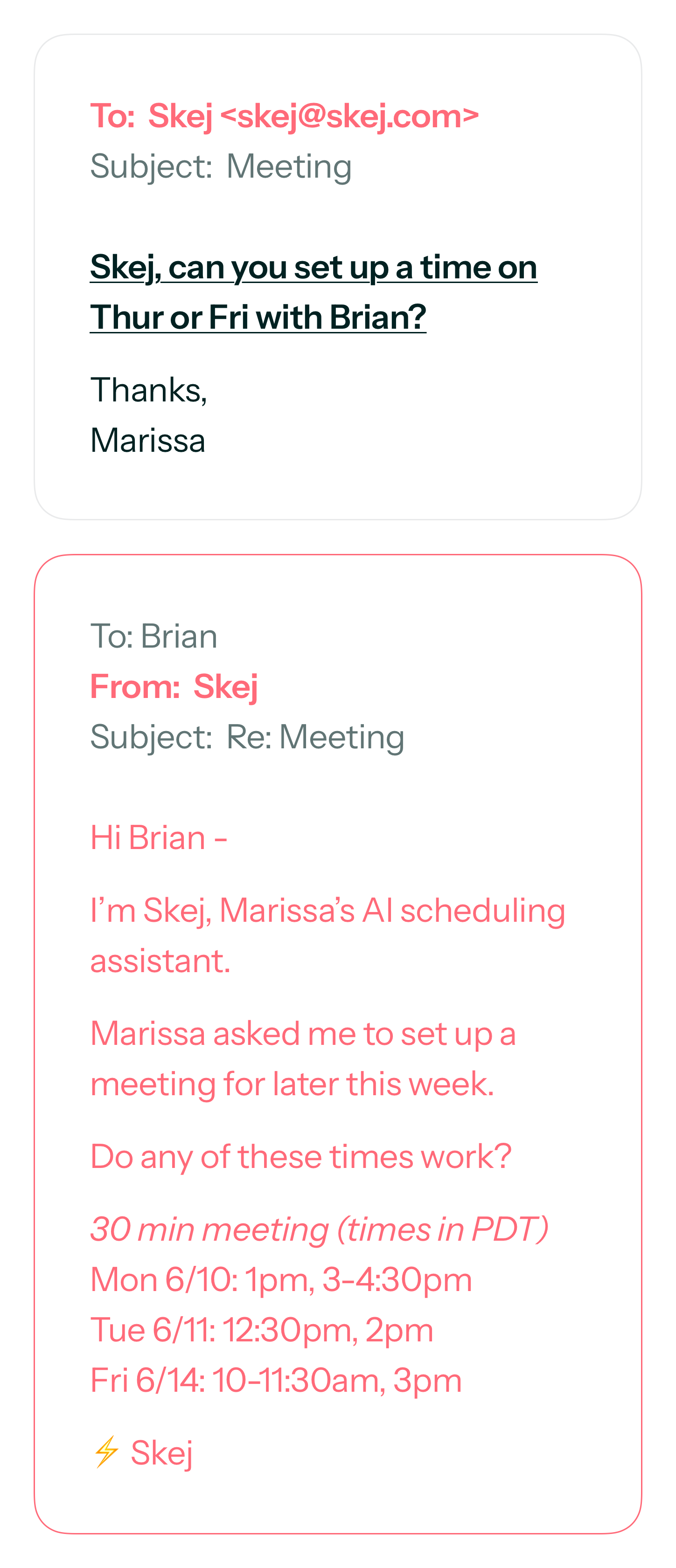 A 1:1 direct message to Skej requesting a meeting, with Skej reaching out to the other person by email.