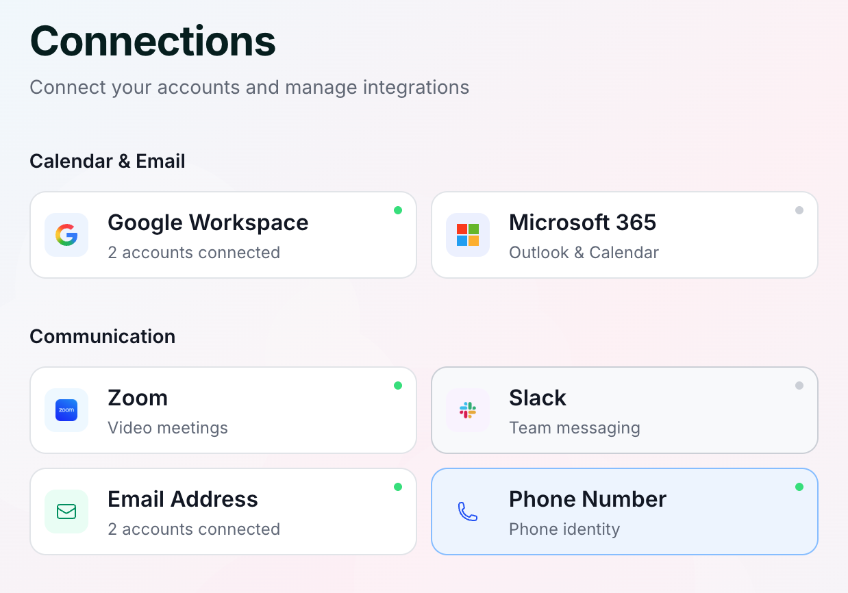 The Connections page in Skej settings where you can connect your phone number.