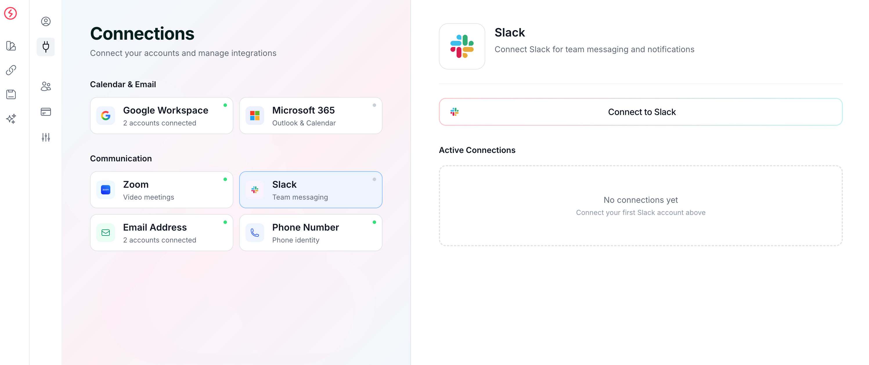 The Connections page with the Slack icon and a Connect to Slack button.