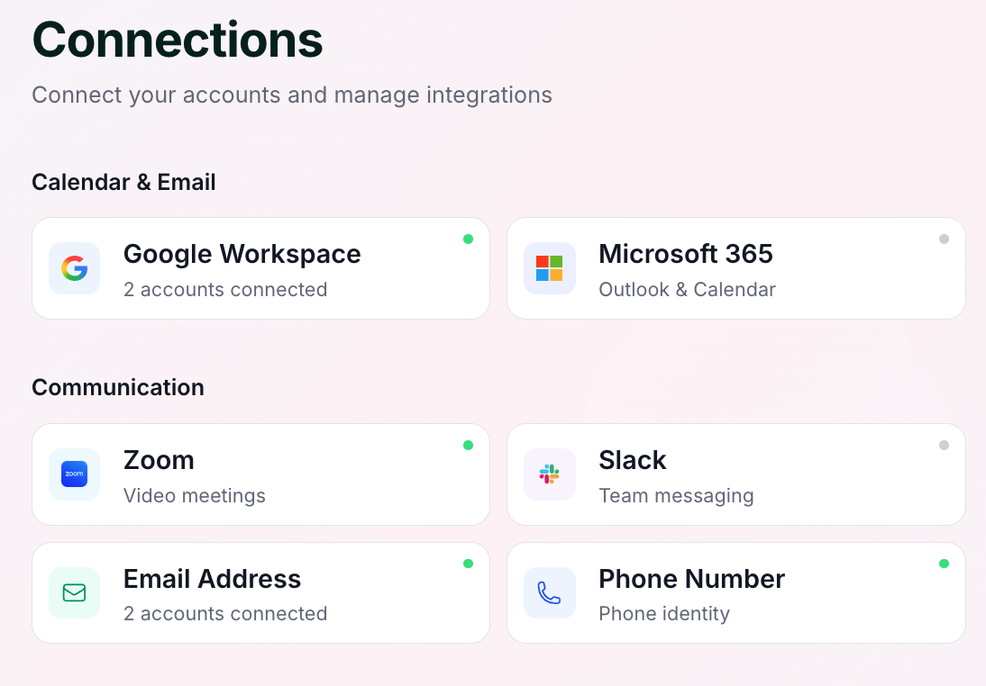 The Connections page with the Zoom option and a connect button.
