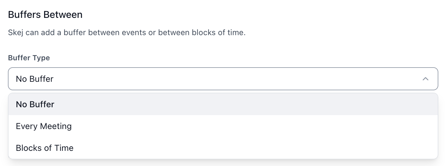 The Buffers tab in scheduling preferences showing block-of-time and every-meeting buffer options.