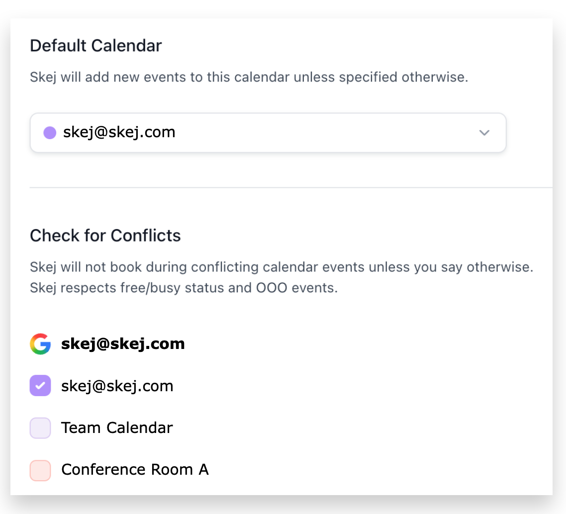 The Calendars tab showing connected calendars selected for conflict checking.