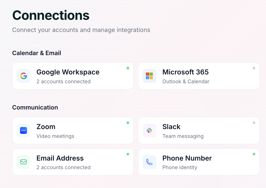 The Connections page showing connected Google and Outlook accounts with selectable calendars.