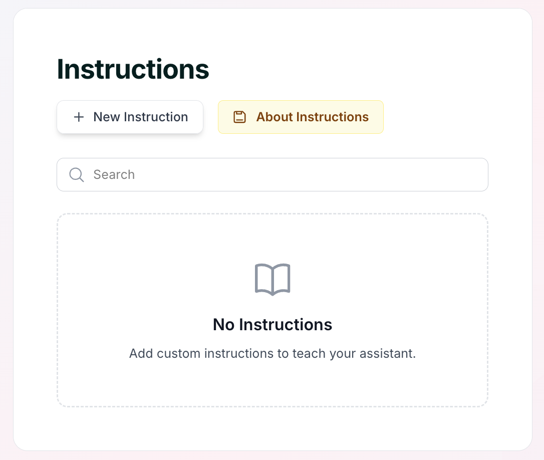 The Instructions panel in the Skej dashboard where custom instructions are added.