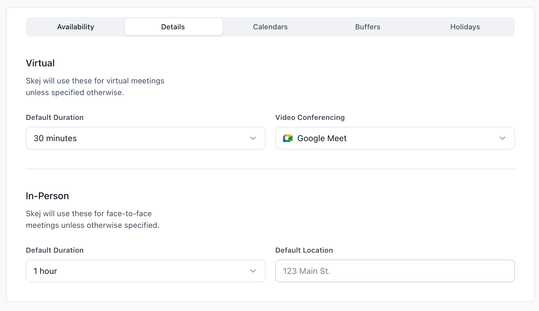 The Defaults tab of preferences showing default meeting duration and location settings.