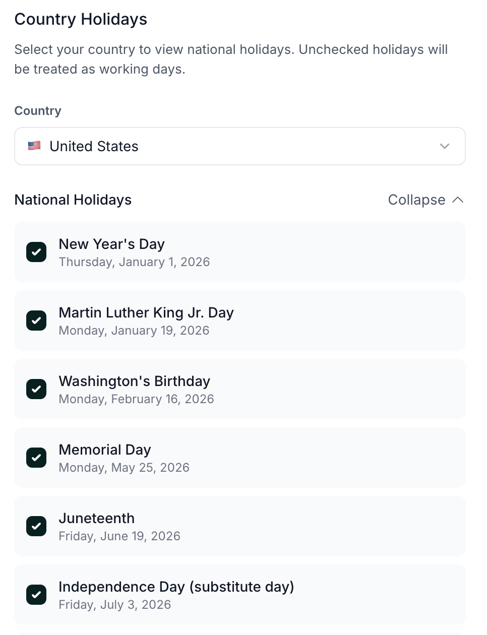 The Availability preferences showing a list of holidays that can be selected or unselected for Skej to avoid scheduling meetings on.
