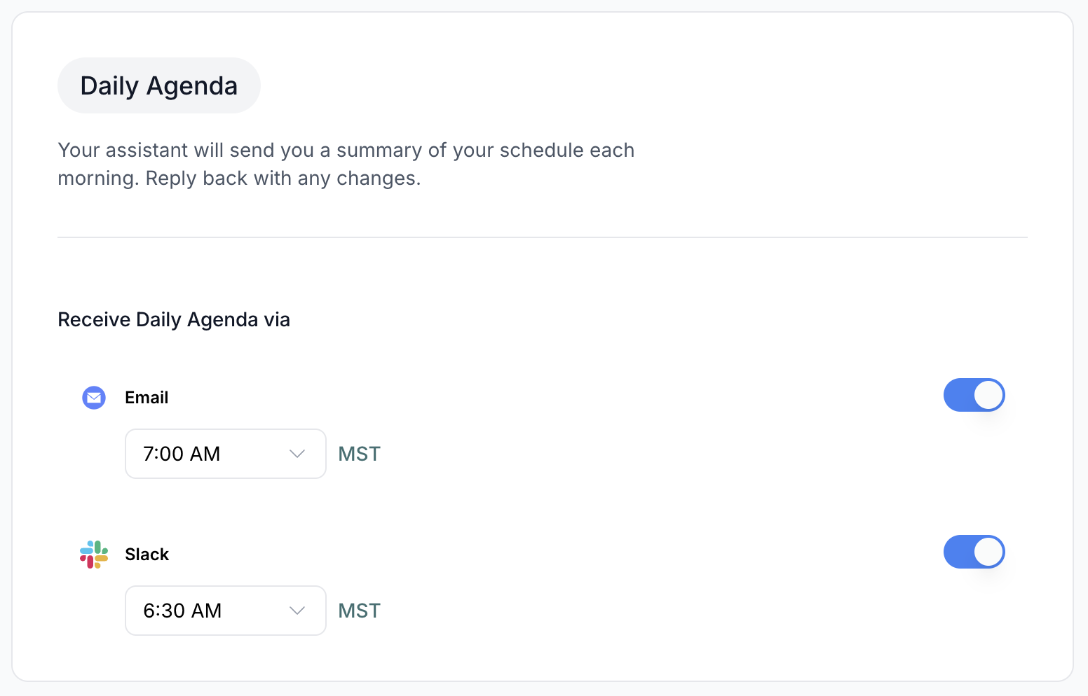 The Daily Agenda settings showing options to choose the time and destination for the agenda, or to turn it off.