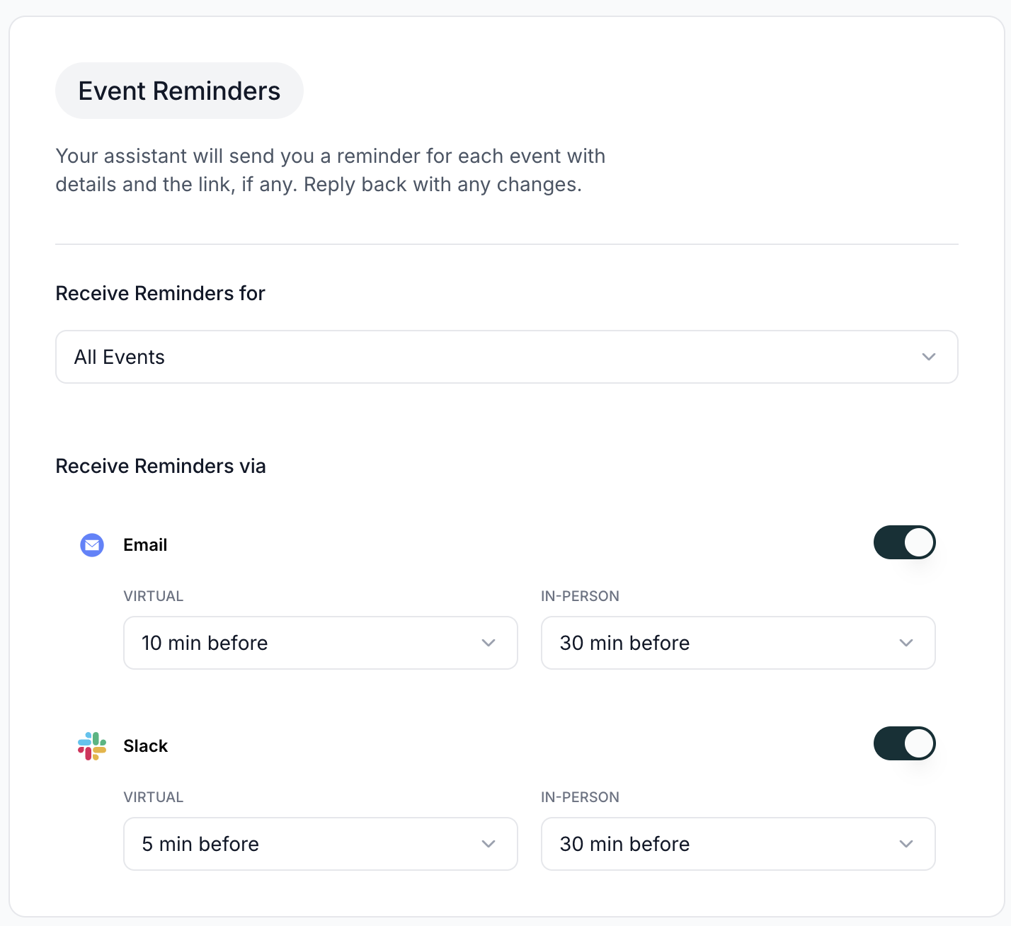 The Reminders settings showing options to choose when to receive event reminders, or to turn them off.