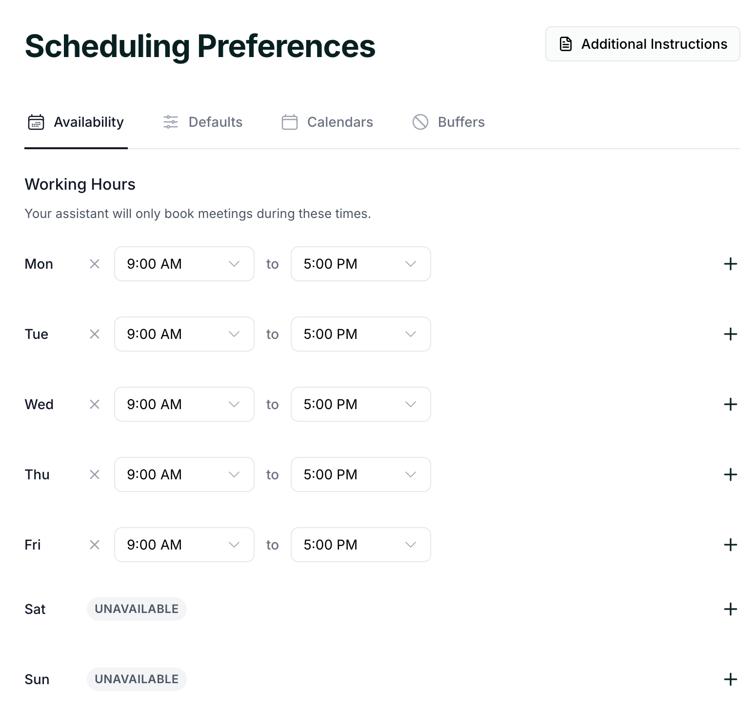 The Availability tab showing recurring work hours set for each day of the week.