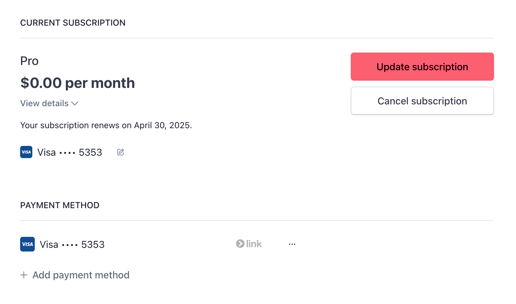 The current subscription page showing the Update subscription and Cancel subscription buttons alongside your payment method.