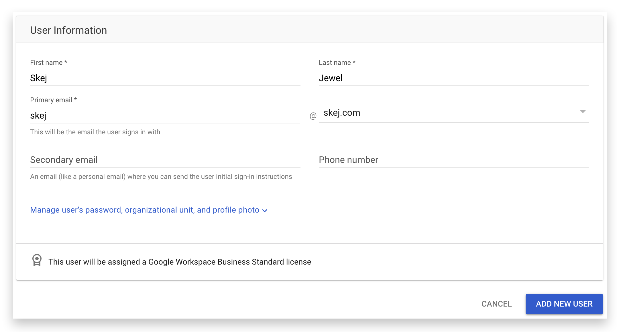 The Google Workspace new user form with a name and primary email filled in.