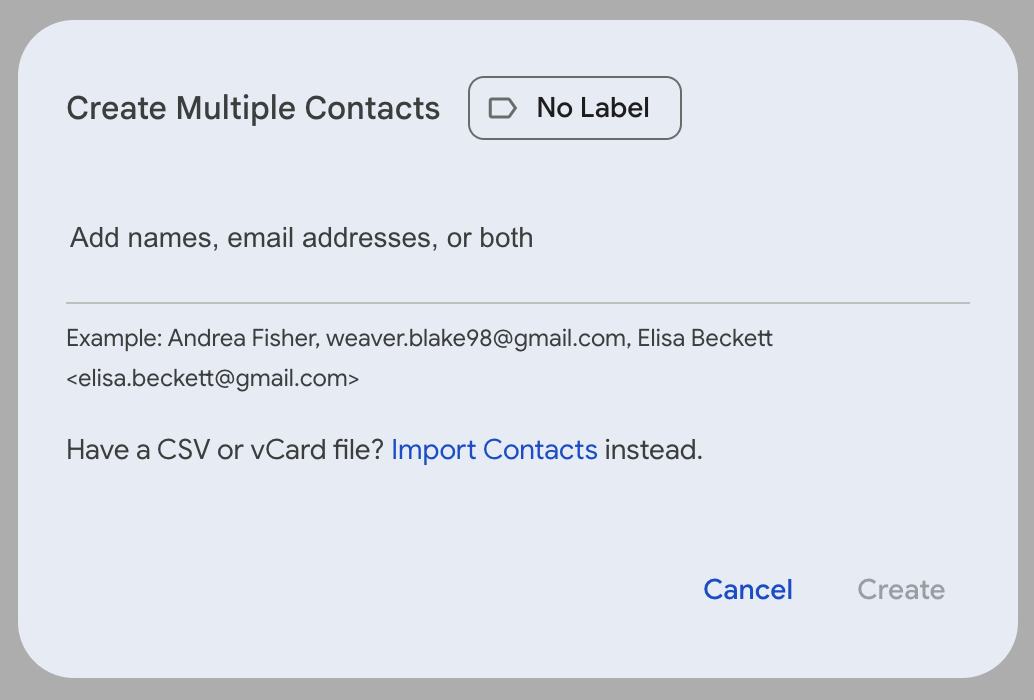 The Create Multiple Contacts dialog where you paste names and email addresses.